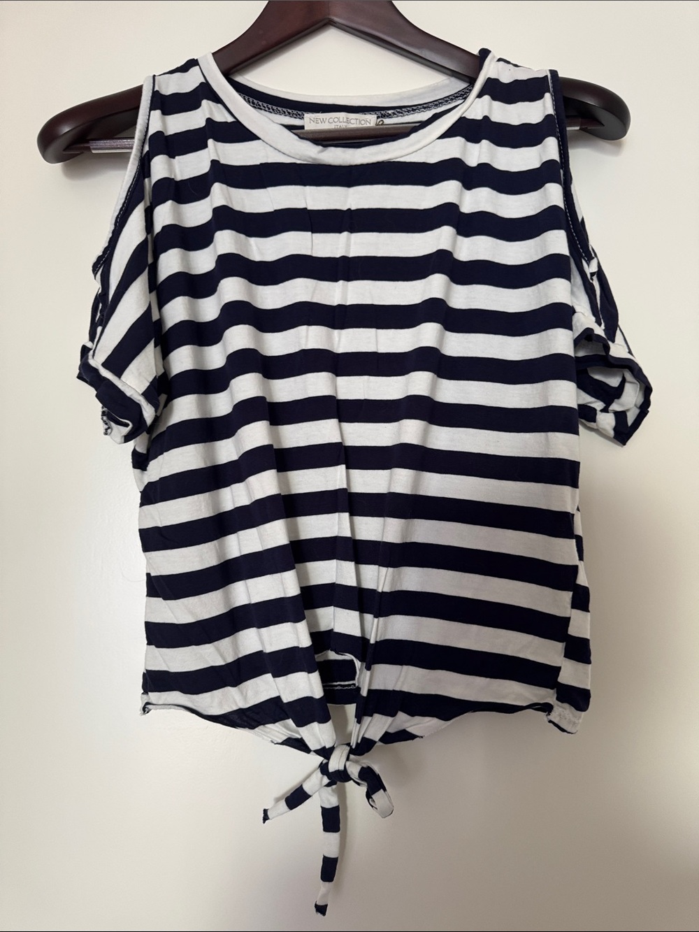 Striped Navy & White Cold-Shoulder Knot-Front Tank Top